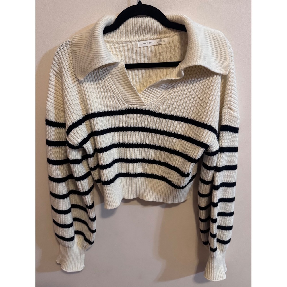 Altar'd State Cream Black Striped Cropped Sweater VNeck Balloon Sleeve Chic S